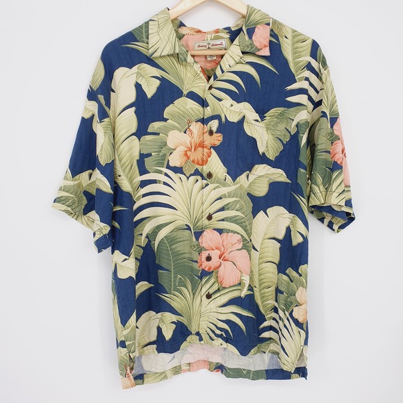 Tommy Bahama‎ Mens Blue Green Floral Camp Silk Short Sleeve Shirt Size M - Picture 2 of 7